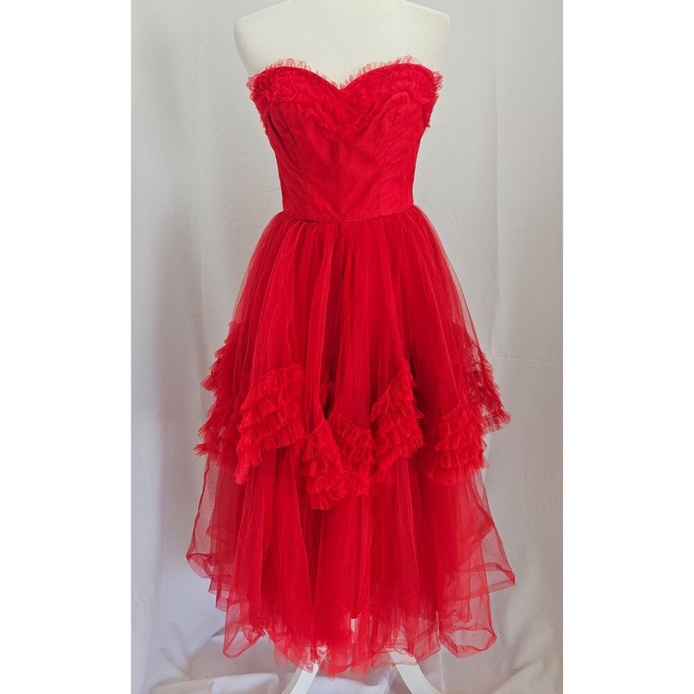 Vtg 1950s Emma Domb RED Dress Tulle Party Prom Pinup Size S Strapless Corset